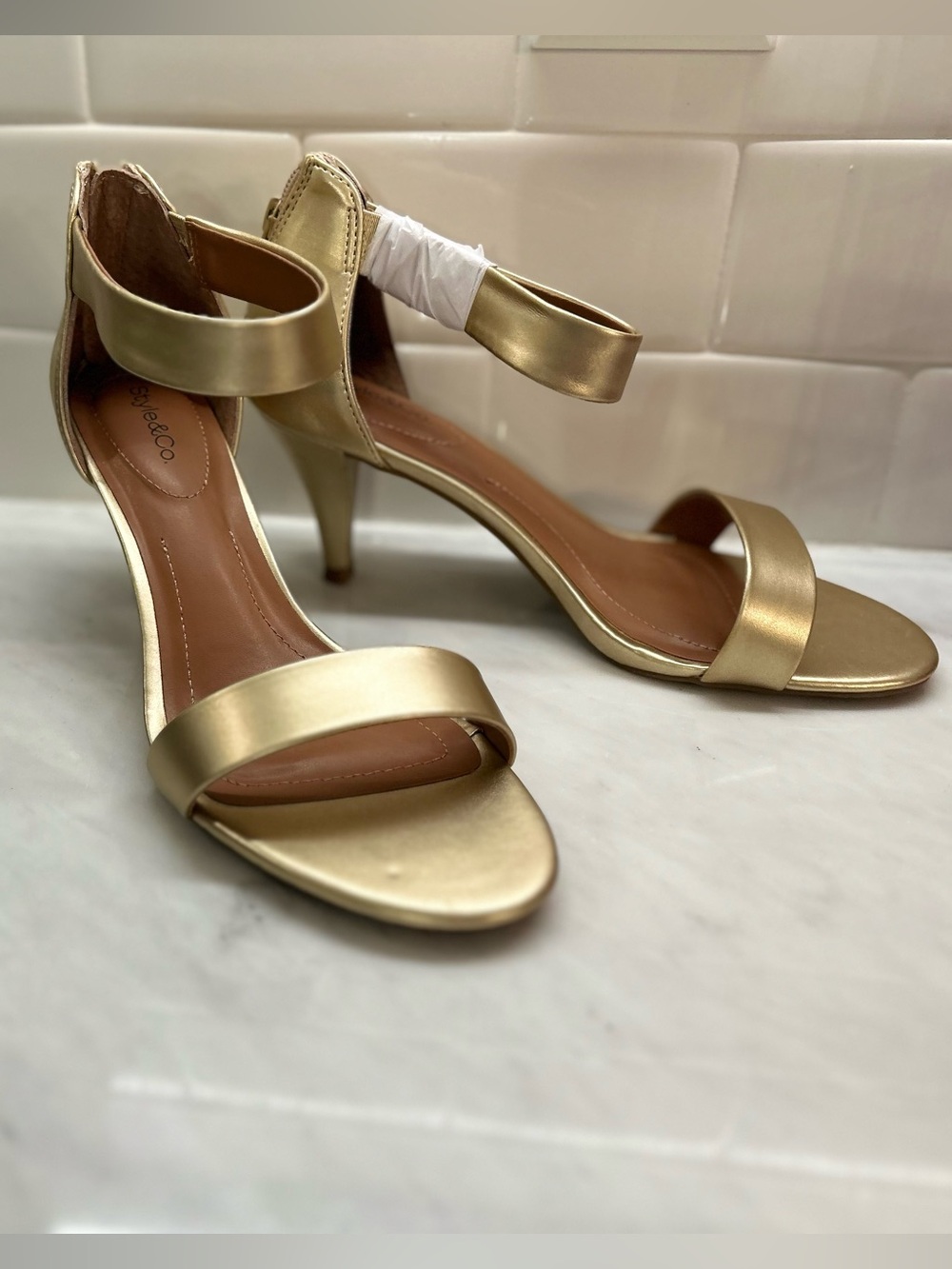 Style & Co. Metallic Gold Ankle-Strap Mid-Heel Sandals